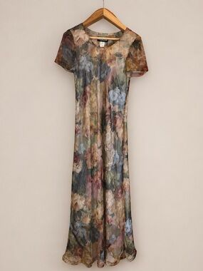 Vintage Floral Textured Chiffon Ophelia Watercolor Maxi Dress Size 6